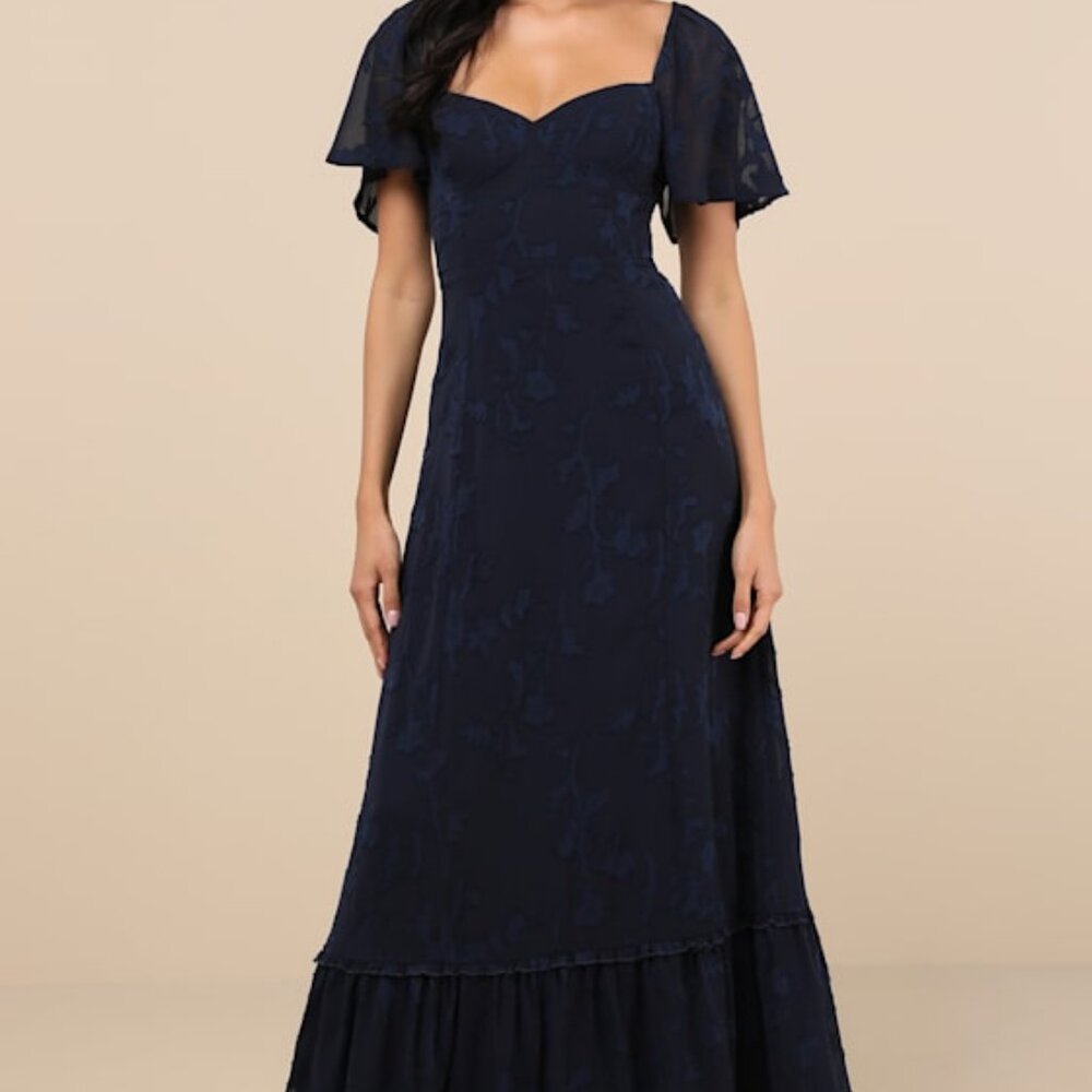 Lulus Tailor Made For You Dark Navy Jacquard Lace-up Maxi Dress Blue - Size L